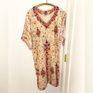 VINTAGE Mexican Puebla or Indian Kurta EMBROIDERED Midi Dress SZ: Medium